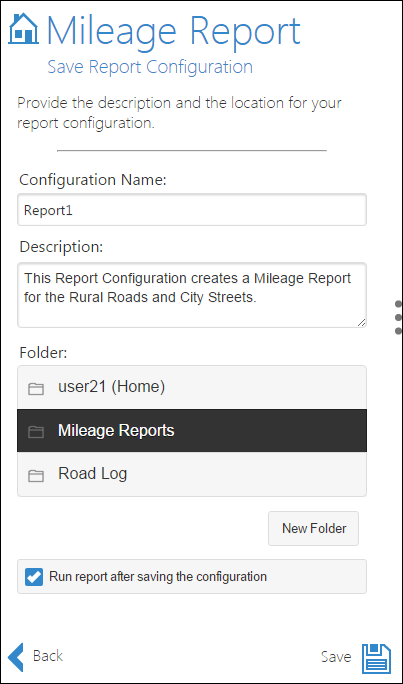 Saving report configuration - Mileage Report